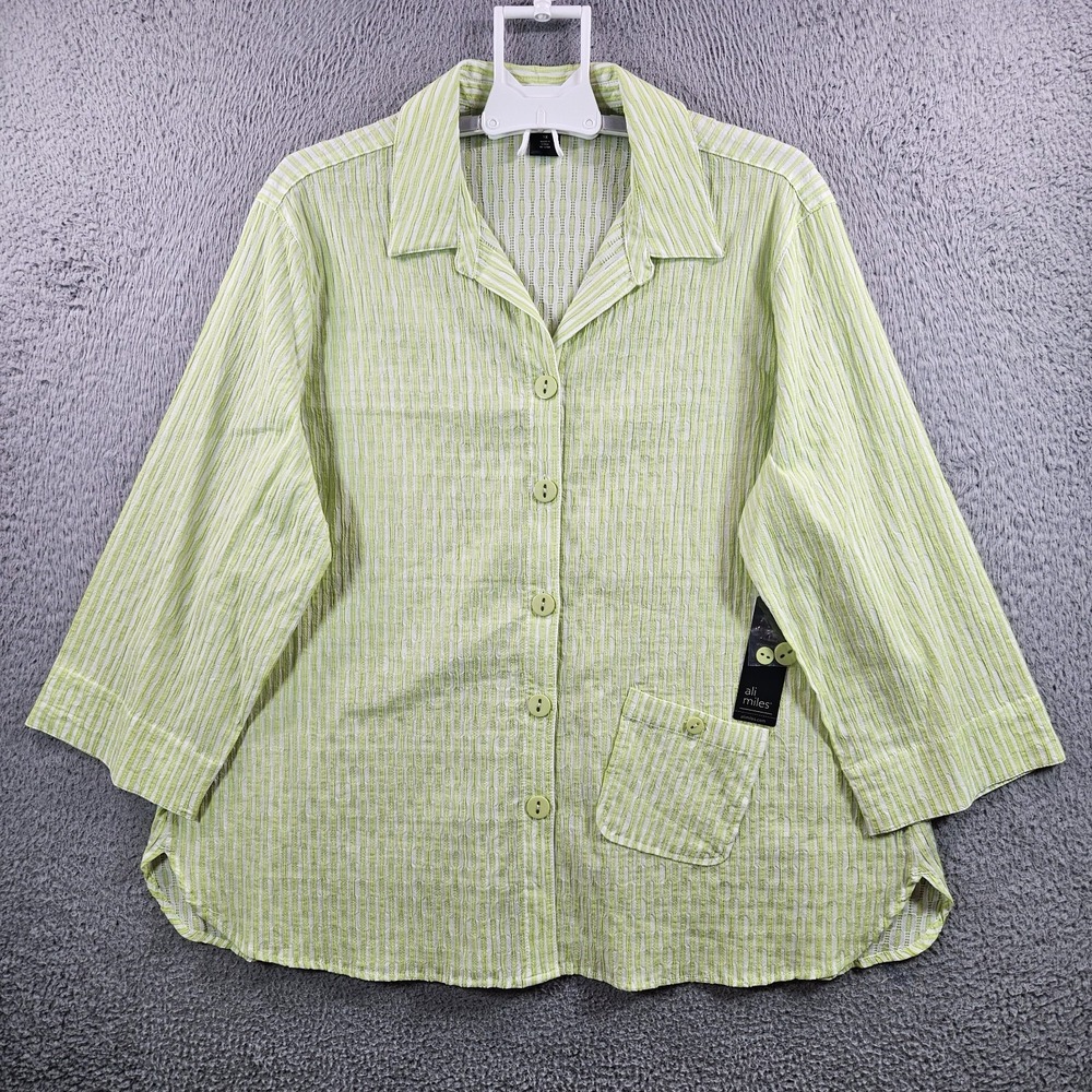 NEW Ali Miles Shirt Top Women 1X Circle Button Up Light Green Striped Preppy